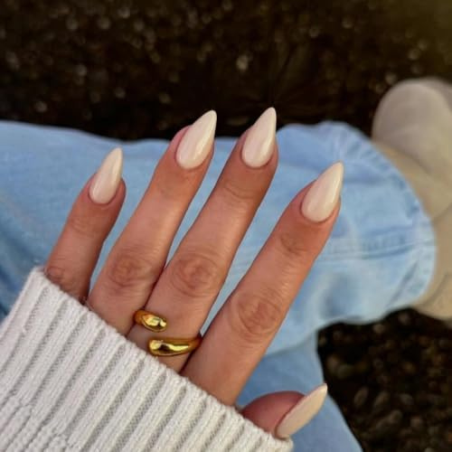 KQueenest 30 Stück Beige Press On Nails Kurz Mandel - Acryl Nägel zum Aufkleben, Natürlich Einfarbig Fake Nails Fingernägel zum aufkleben, Glänzende Gel Full Cover Kunstnägel für Frauen