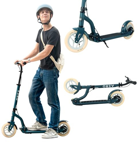 Aero Big Wheels Scooter für Kinder 8–12, Jugendliche und Erwachsene, pneumatischer Luftreifen, handgesteuerte Trommelbremse und Gummi-Deckmatte, manueller Tretroller für Erwachsene, faltbar und