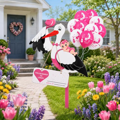 Klapperstorch Baby Rosa,Klapperstorch zur Geburt Draußen+10Pcs Neugeborene Balloon,Storch Geburt für Draussen Mädchen,Beidseitig bedruckt,Geburtsstorch inkl Holzstab+ Namensschild Grußkarte