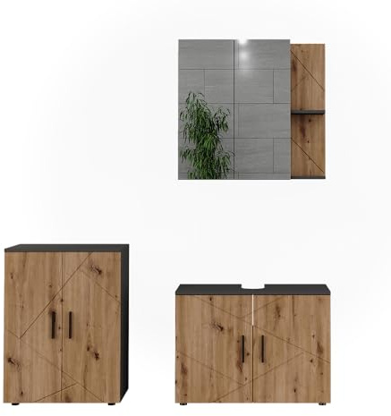 Vicco Badmöbel-Set Irma, Anthrazit/Goldkraft Eiche, 80 cm | besteht aus Waschbeckenunterschrank, Spiegelschrank und Midischrank