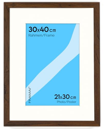 FRAMAI® Bilderrahmen 30x40 cm in Braun – mit Passepartout – MDF Holzrahmen, bruchsicheres Plexi, umweltfreundlich, mit Aufhängung & Ständer – Hochformat & Querformat