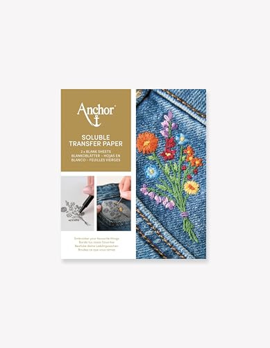 Anchor - Lösligt A5-överföringspapper | 2 vattenlösliga tomma blad | Broderi och hobbyhantverk | Perfekt för alla typer av tyger | Löses upp helt med vatten - Ref. A001SP/L
