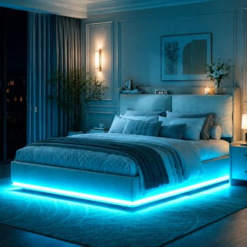 Polsterbett 140x200 mit LED und USB, Doppelbett 140x200 mit Stauraum Bett mit Bettkasten Polsterbett Bettgestell mit Kopfteil Hydraulisches Bett mit Lattenrost (Cremeweiß, Flanell-B, 140x200 cm)