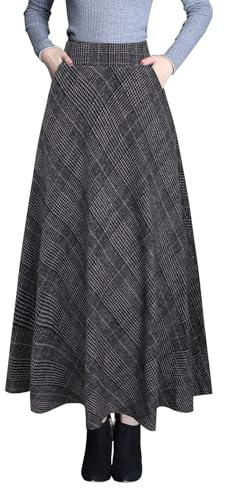 BiilyLi Gonna Lunga Inverno Donna Vintage Vita Alta Elegante Quadri Lana Maxi Skirt A-Linea Gonne 1930 Grigio Scuro -M