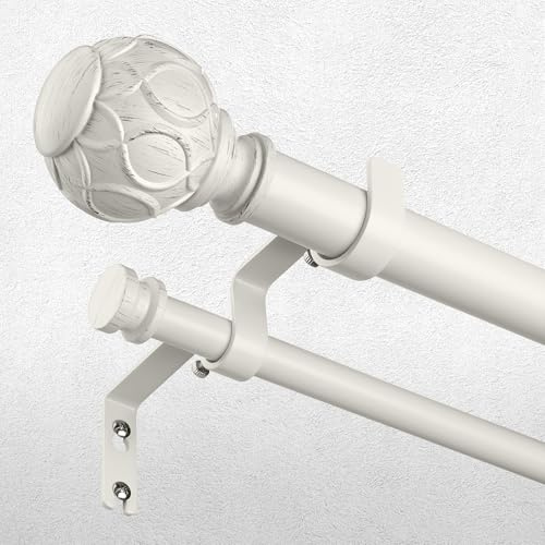 White Double Curtain Rod, 36 to 72 Inch Dual Curtain Rods with Boho Netted Texture Finials, Decorative 1 Inch Adjustable Window Treatment Rods, Antique Vintage Farmhouse Double Drapery Pole