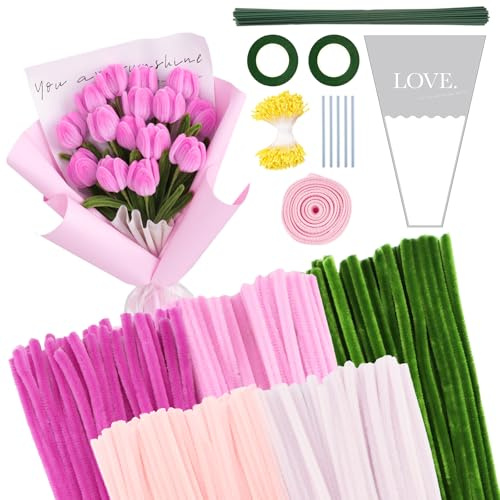 300 Stück Pfeifenreiniger Blumen Set, Pfeifenputzer Blumen Zum Basteln, 5 Farben, Mit Grüne Blumenstöcke, Klebebandrollen, Klebestifte, Blumen Staubblatt, Blumenstraußverpackungen, Bänder (Rosa)