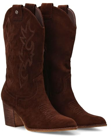 96379 Bota Campera con Tacon, Comodas, Bordado en Cana y Empeine, Estilo Vaquero Cierre de Cremallera, Ideales Otono Invierno Marron Talla 40