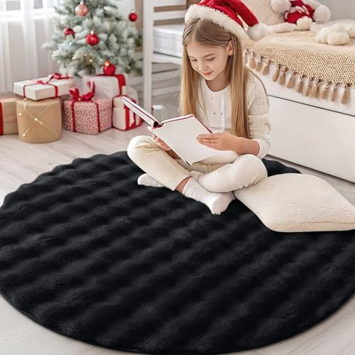 Homaxy 3D Bubble Waschbar Klein Teppich Wohnzimmer 120 cm Rund, Schwarz | Antirutsch Waschbar Teppich, Weich Flauschig Teppiche fürs Kinderzimmer, Schlafzimmer
