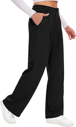 Cegerne Pantaloni Donna Waffle Lunghi Palazzo Eleganti Vita Alta con Tasche Gamba Larga, Nero, M