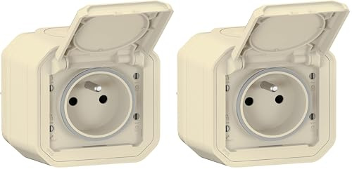 LEGRAND - Prise Etanche IP55 avec Terre Plexo - Prise 2P+T 16A Complète avec Volet - Pour Pose en Apparent - Fabriqué En France - Sable (Lot de 2)