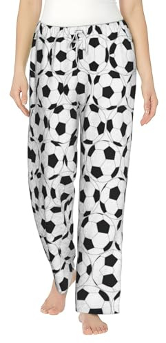 ZXERTG Pantaloni pigiama da donna in flanella con stampa a palloni da calcio, perfetti per rilassarsi a letto, sul divano, Nero , S