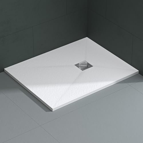 Mai & Mai Receveur de Douche Blanc Rectangulaire Bonde AL06 80x100x3cm | Fabriqué en Résine, Bac à Douche Extra-plat, Receveur Antiglisse pour Salle de Bain, Géo9