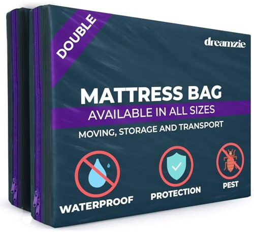Dreamzie - Double Mattress Cover for Moving - Mattress Storage Bag - x2 | Opaque · Waterproof · Tear-Resistant · Zip · Pest Protection · Strong · Heavy Duty · Reusable · Dust Protection · Relocation