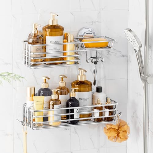 LEVERLOC Duschablage ohne Bohren Duschablage Saugnapf Extra Stark, Silber | Saugnapf Dusche Organizer Große Kapazität Rostfreier Bad Organizer Ohne Bohren Badezimmer Zubehör für Shampoo Duschkorb