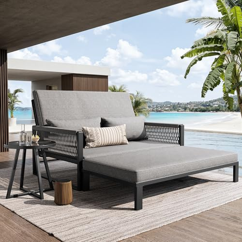 xixiworkshop Gartenlounge Sofa Outdoor,Gartenliege Wetterfest,Gewebtem Seil Gartengarnitur mit 1 Zweisitzer-Sofa,1 Hocker und 1Couchtisch,für Balkon Garten Terrasse,Grau
