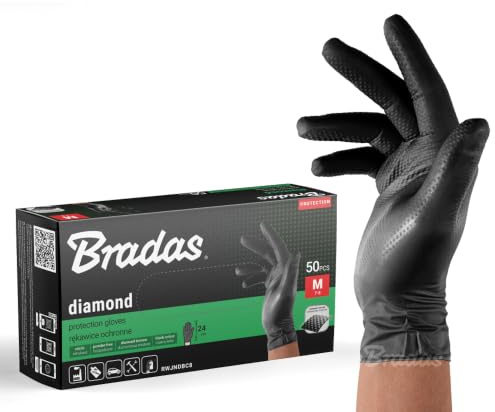 Bradas Diamond Nitrilhandschuhe 50 Stück – 3x Stärker, Puderfrei, Latexfrei, Diamantstruktur, Chemikalienbeständig, Touchscreen geeignet, Lebensmittelgeeignet, Einweghandschuhe Schwarz XXL