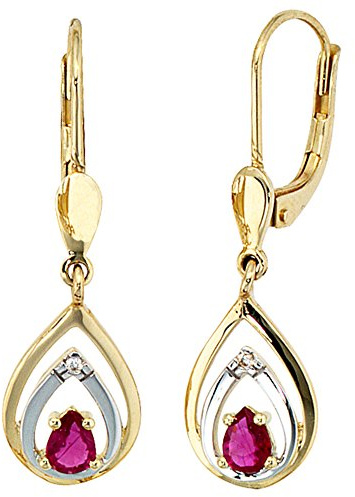 Jobo Damen-Ohrhänger aus 14 Karat 585 Gold mit Rubin Tropfen und 2 Diamanten