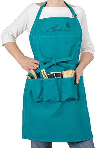 La Cordeline Schürze mit 5 Taschen, Baumwolle, blau, bestickt, verstellbar, für Gartenarbeit, Küche, Basteln