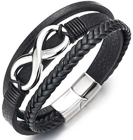 COOLSTEELANDBEYOND Infinity Liebe Unendlich Number 8 Verflochtenen Drei Stränge Schwarz Geflochtene Leder Armband für Herren Damen