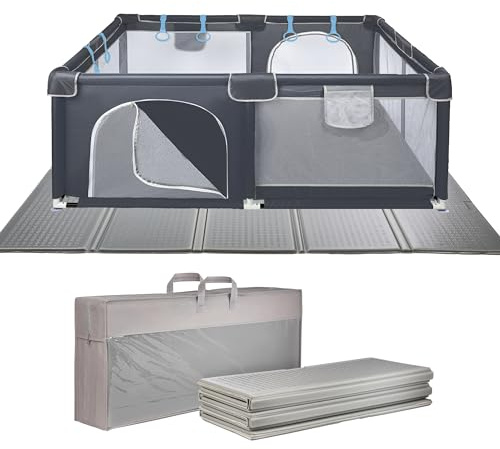 ONVAYA® Laufgitter mit faltbarer Spielmatte | Laufstall für Babys | 120 x 160 cm | Schutzgitter für Kinder | Rechteckiges Krabbelgitter | Absperrgitter | Babyzaun in Grau | sicher & schadstofffrei