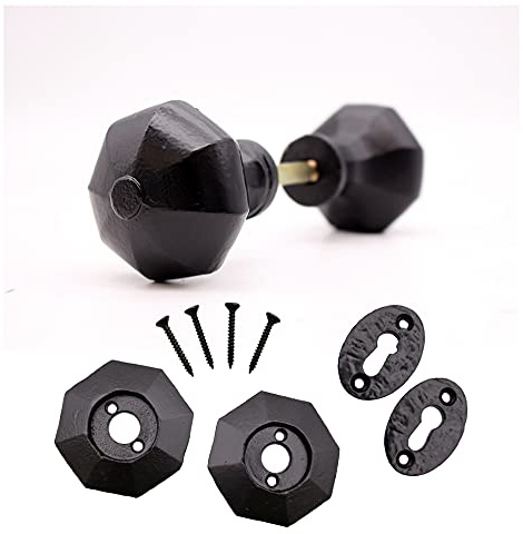 EAI Black Rim Door Knobs, 1 Pair - Iron Octagonal | 1 Pair of Octagonal Rim Door Knobs for Internal Doors, Fixings Included