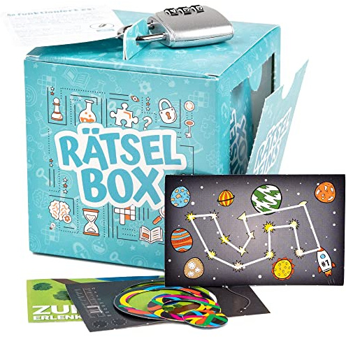 Rätsel Geschenkbox mit Schloss - Rätselbox für Geldgeschenke oder Gutschein | Wähle 3 aus 10 Rätsel passend zum Empfänger, lege dein Rätselbox Geschenk oder Gutschein Escape Room hinein und schließe sie