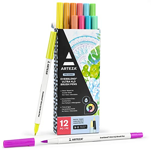 ARTEZA Dual Tip Watercolor Brush Pens, 12 Pastel Colors, Nylon Brush & Fine Tip Markers with Water-Based Ink for Blending, Calligraphy, Journaling & Illustration