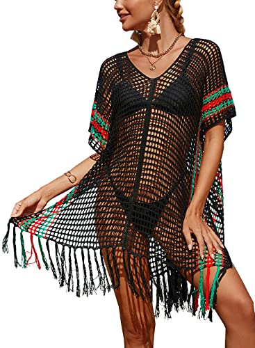 YouKD Boho-tunika toppar för kvinnor strandklänning resort baddräkt kimono myskläder, D svart, en storlek