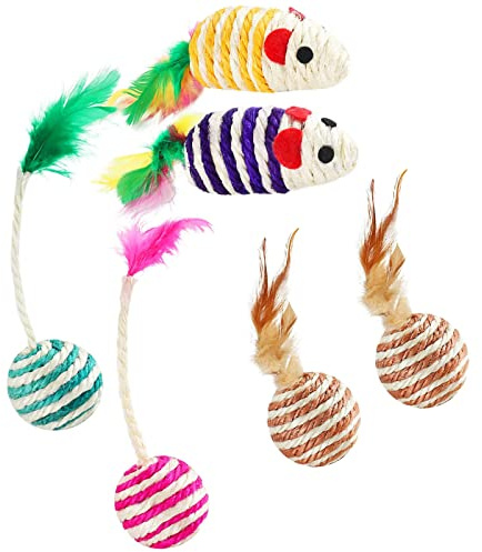 MYSUNBAR 6 Stück Katzenspielzeug Sisal Ball Maus, Katzenball mit Federn, Sisal Maus, Interaktives Spielzeug für Katzen