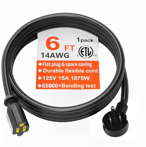 HUANCHAIN 14 Gauge Flat Extension Cord 6ft Black Indoor Outdoor Low Profile Ground Extension Cord 3 Prong Flexible 15A 1875W 125V 14AWG SJTW,