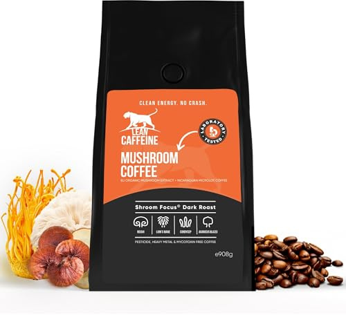 Lean Caffeine svampkaffe med Lion’s Mane Reishi Cordyceps 908 g | Färskt malet kaffe, inte snabbkaffe • Testat för mykotoxiner och tungmetaller • EU-extrakt från fruktkropp • 908 g