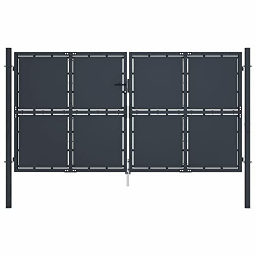 Festnight Puerta de Jardín de Acero, Puerta Exterior Metalicas con Juego de Candado y Asa, Puerta de Valla para Jardín Exterior Patio Terraza, Gris Antracita 300x150 cm