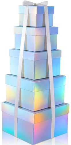 Fulmoon Holografische silberfarbene Geschenkboxen mit Deckel, verschiedene Größen, 20,3 cm, 17,8 cm, 15,2 cm, 12,7 cm, 10,2 cm, mit Band, für Hochzeit, Abschlussfeier, Geburtstag, Andenken, 5 Stück