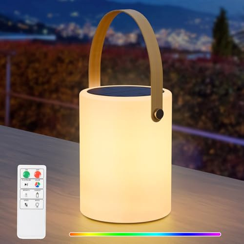 RWWR Solar Outdoor Lampe Kabellos LED Tischlampe Dimmbar Campinglampe mit Fernbedienung für Balkon Garten Hof