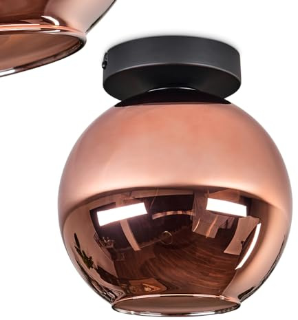 Deckenleuchte Koyoto, Deckenlampe aus Metall/Glas in Schwarz/Kupferfarben, moderne Leuchte im Retro/Vintage-Design mit Schirm aus Glas, Ø 20 cm, E27, Schlafzimmer, Wohnzimmer, Küche, Esszimmer