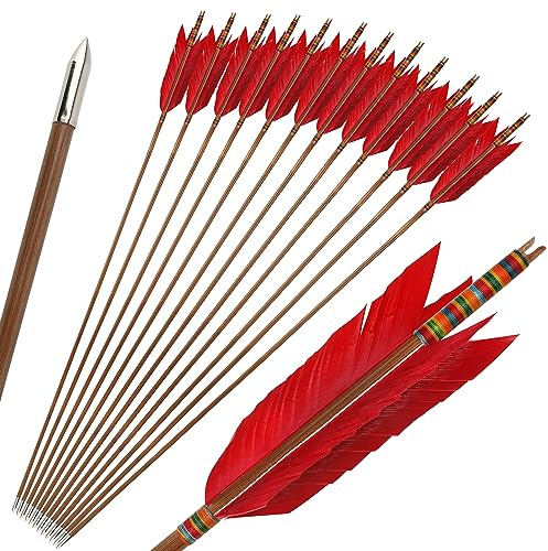 limaity 33Inch Bambuspfeile Traditionelle handgefertigte Bambuspfeile Jagdpfeile Bogenschießen Zielübung Bambuspfeile mit 4 Truthahnfeder für Recurvebogen Traditioneller Langbogen (6, Rot)