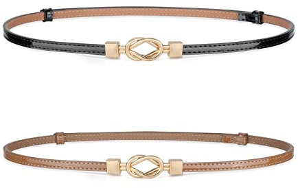 WHIPPY 2 Stück schmal Gürtel Damen Verstellbarer dünner Taillengürtel Schmaler Ledergürtel mit goldene Schnalle für Kleid