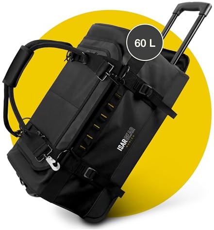 Isar Gear® Reisetasche mit Rollen 60 Liter - Outdoor Travel Bag (Schwarz) aus wetterfestem Material - Großer Reisekoffer mit Rollen, Sporttasche mit Rollen, Duffle Bag - Trolley (Koffertasche)