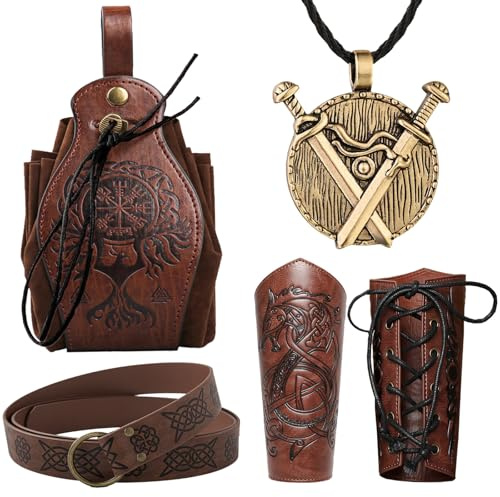 Wikinger Kleidung, 6 Stk Mittelalter Kleidung Damen Herren, Armschutz Bogenschießen, Armschienen, Gürtel, Wikinger Deko für Halloween Cosplay Kostüm(A)
