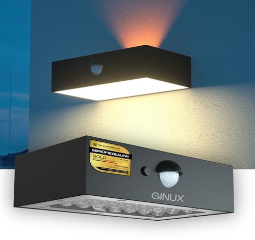 GINUX Solarlampe Außen mit Bewegungsmelder, 350 Lumen kleine Solar Wandleuchte für Garten, Zaun & Terrasse | IP65 Wetterfest, Solarstrahler mit Dämmerungssensor (30W Schwarz)