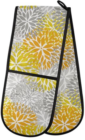 Double Oven Gloves Heat Resistant Grey Dahlia Double Oven Mitts Pot Holder Heat Protection Oven Gloves for Home Kitchen Baking Cooking BBQ Microwave