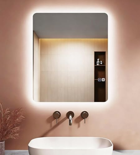 LOMIKEN Badezimmerspiegel mit Beleuchtung, 70 x 50 x 3,5 cm, Spiegel mit Beleuchtung, Anti-Beschlag-Funktion Dimmen Touch-Schalter Vertikal/Horizontal, Aluminiumrahmen