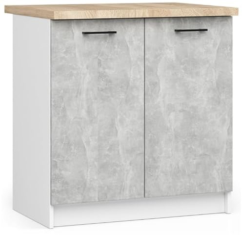 BDW - Küchenschrank - Schrank Küche mit Türen und Arbeitsplatte - Schrank 80 cm breit, 85 cm hoch - Küchenschränke Einzeln, Küchenmöbel Einzelteile (Weiss/Beton)