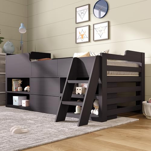 Merax Kids Single Bed with 2 Drawers and Shelves, 3FT Kids Wooden Bed with Storage, Single Bed with Slatted Frame, Mid Sleeper Cabin Bed for Children, Taupe, 90x190 cm (No Mattress)