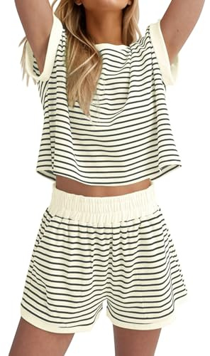 Famulily Women's Summer Striped Pyjamas Set Short Sleeve Top and Shorts Casual Loungewear Sets for Women UK Tracksuits with Pockets Beige XL