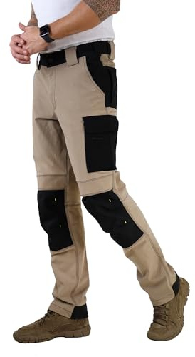 Ellobird Men's Work Utility Pants, Relaxed Fit 4 Way Stretch, Construction Carpenter Cargo Tactical, Durable Cordura,(Humus,38W x 30L)