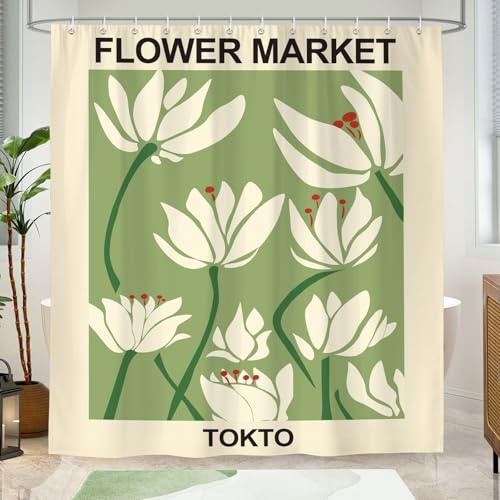 BREASOME Duschvorhang 180x180 cm Anti-Schimmel Duschvorhang Grün Blumen Stoff Polyester Wasserdicht Badewanne Vorhang mit Ösen und 12 Haken