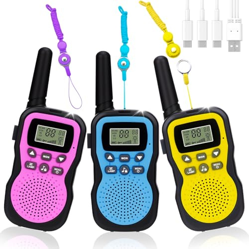 KIMIGO Walkie Talkie Kinder 3er Set,Walkie Talkie Aufladbar Li-ion Akku,Walki Talki Vox,Walkies Talkies Kinder ab 3-12 Jahre,Walkies Talkies Kinders Erwachsene für Abenteuer im Freien,Camping,Wandern