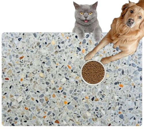 Pet Cat Dog Food Mat for Water Bowl Placemat for Sloppy Drinkers Tilted Angle terrazzo Marbled Surface Grey Pebble Stones Cement Floor Absorbent Rubber Back Feeding Mat for Floor Indoor 24x36in