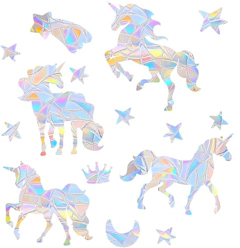 Qaestuan 4PCS Suncatcher Sticker, Einhorn Wandtattoo Kinderzimmer Leuchtsticker, Die Aufkleber Können Vögel von Fensterkollision Abschrecken, für Fenster, Glastüren und Schiebetüren, Wiederverwendbar